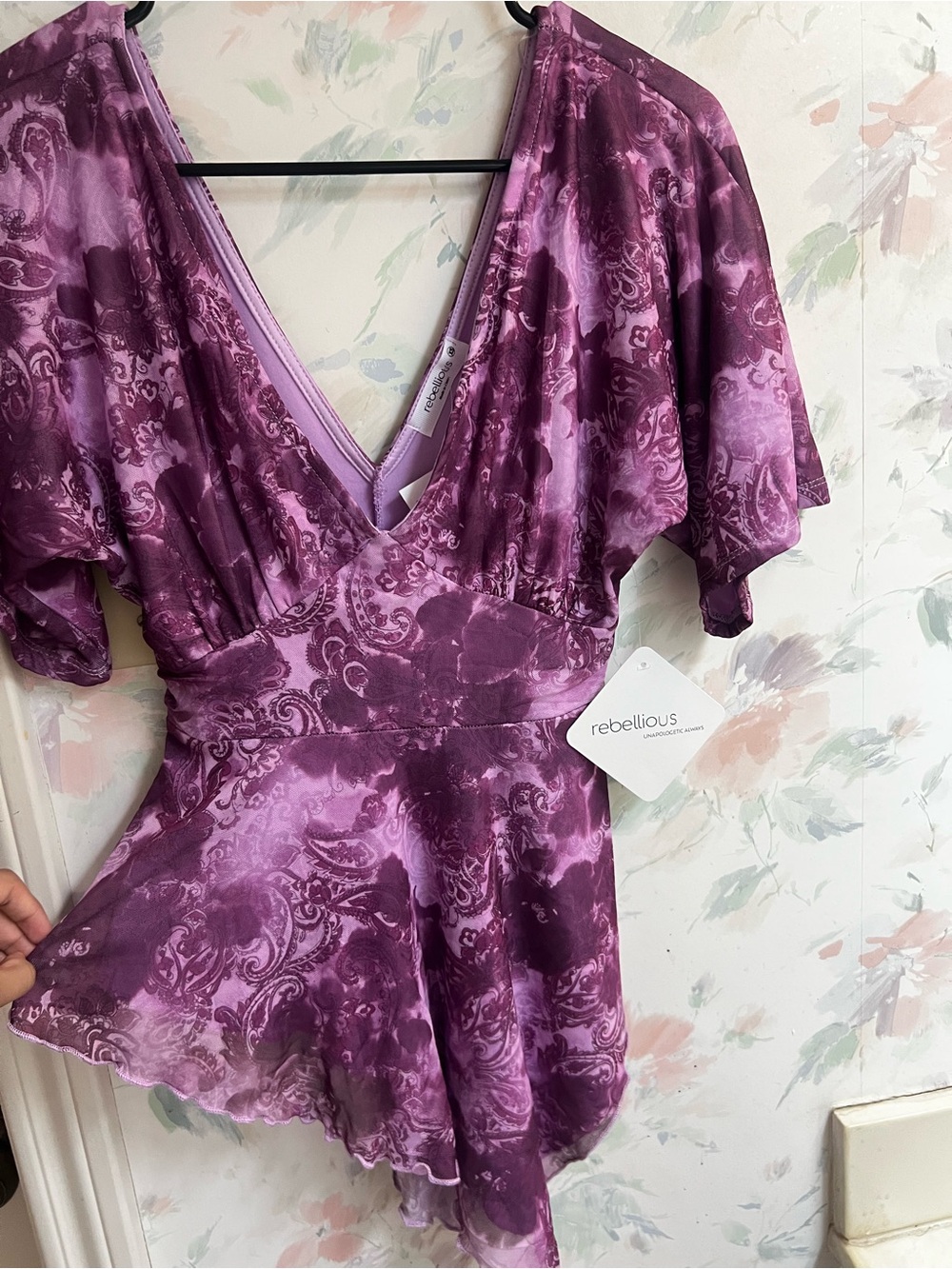 Rebellious Rose Purple Paisley V-Neck Flutter Sleeve Tunic